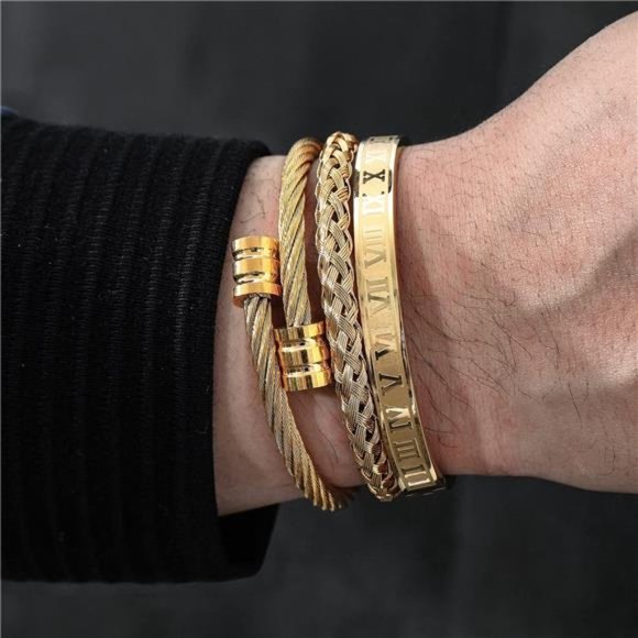 3PCS Stainless Steel Bracelets for Men Gold Roman Numeral Bangle Bracelet Cable - Picture 2 of 6